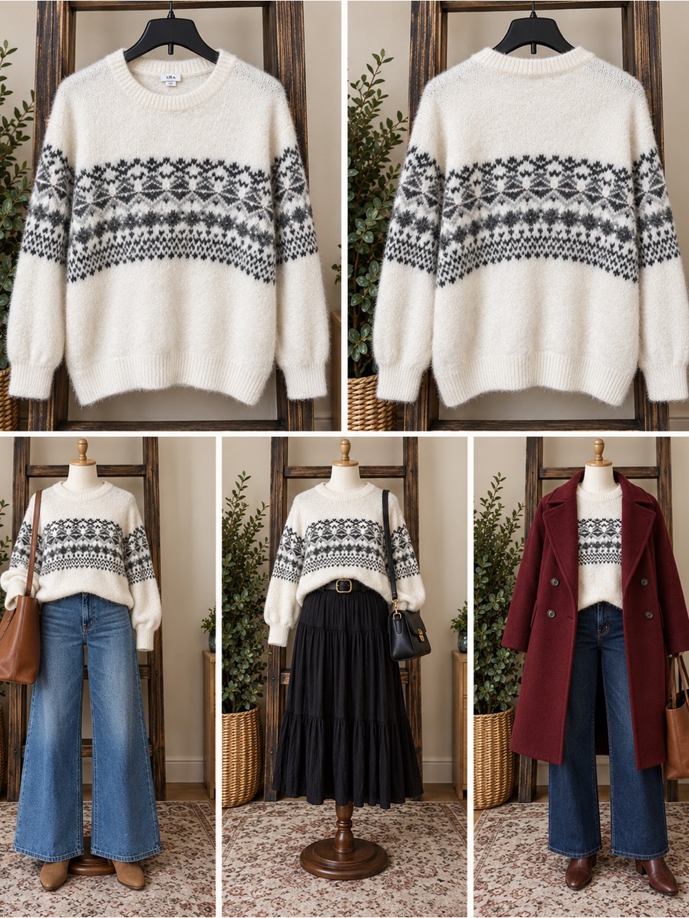 Ivory Fair Isle Pearl Accent Crewneck Sweater